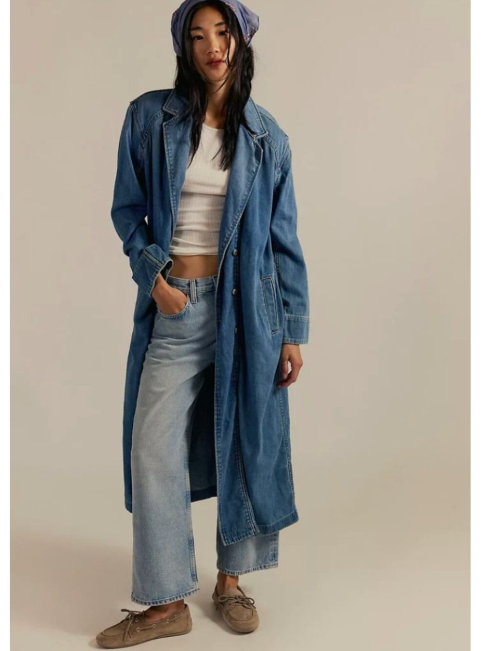 Free People We The Free Denim Duster Trench Coat NWT Sunlight Blue Size Small